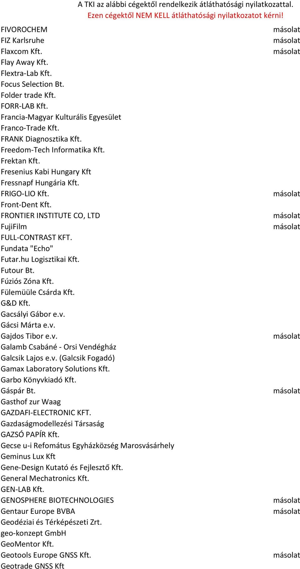 Fundata "Echo" Futar.hu Logisztikai Kft. Futour Bt. Fúziós Zóna Kft. Fülemüüle Csárda Kft. G&D Kft. Gacsályi Gábor e.v. Gácsi Márta e.v. Gajdos Tibor e.v. Galamb Csabáné - Orsi Vendégház Galcsik Lajos e.