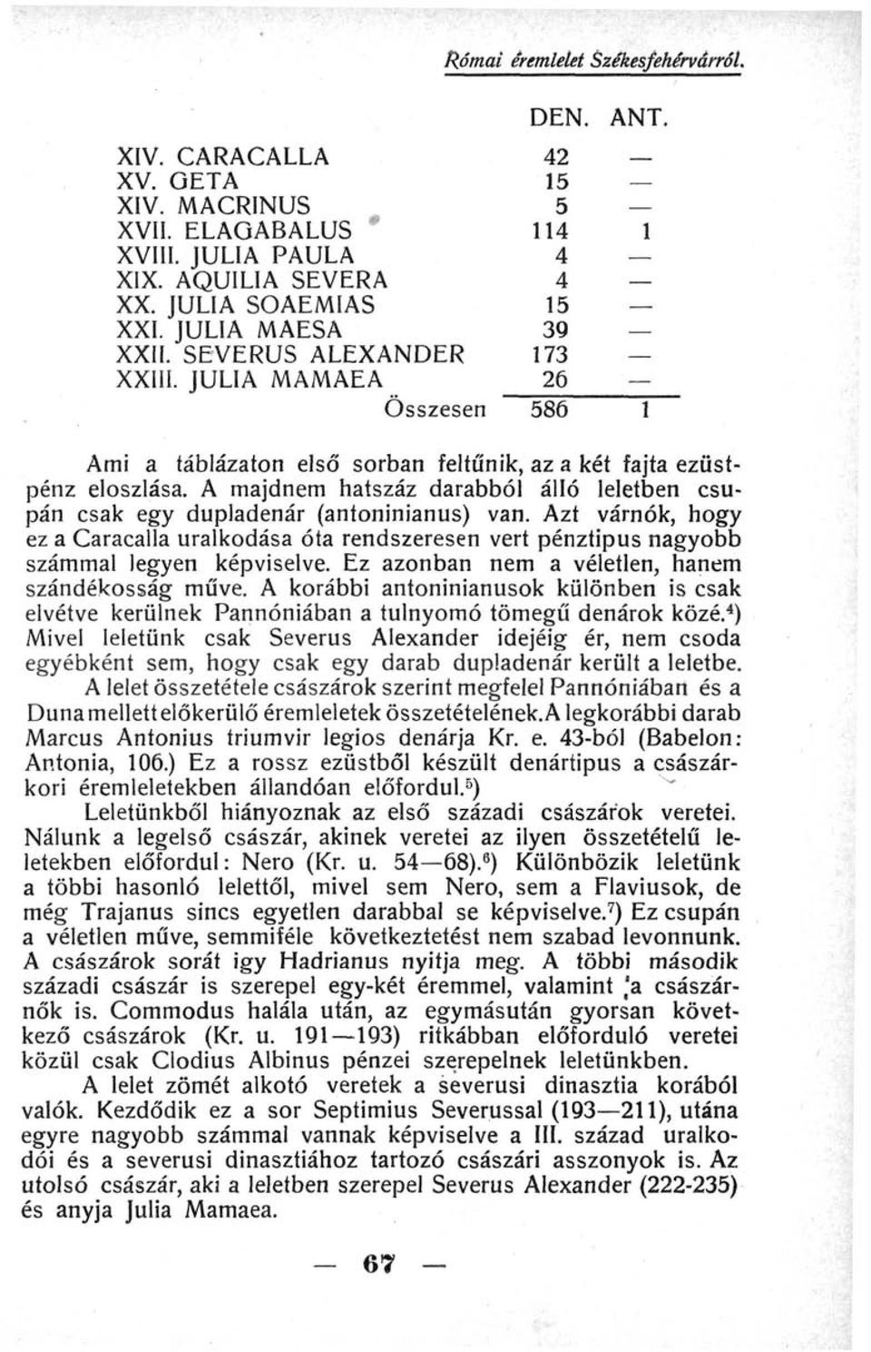 A majdnem hatszáz darabból álló leletben csupán csak egy dupladenár (antoninianus) van. Azt várnók, hogy ez a Caracalla uralkodása óta rendszeresen vert pénztípus nagyobb számmal legyen képviselve.