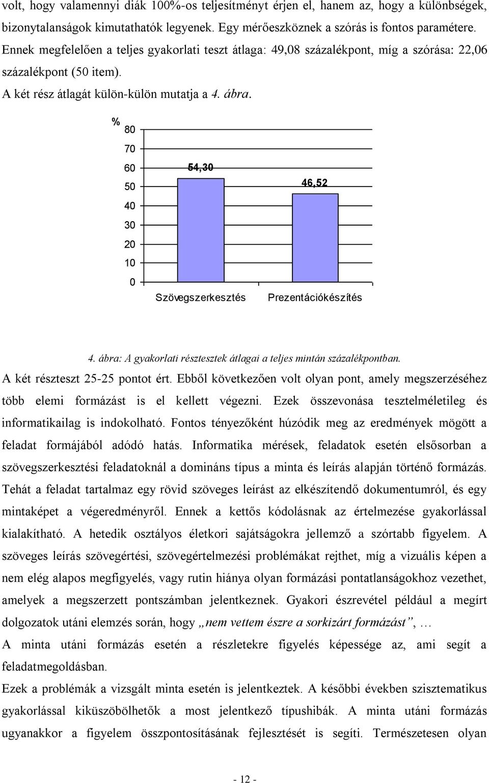 % 80 70 60 50 40 30 20 10 0 54,30 Szövegszerkesztés 46,52 Prezentációkészítés 4. ábra: A gyakorlati résztesztek átlagai a teljes mintán százalékpontban. A két részteszt 25-25 pontot ért.