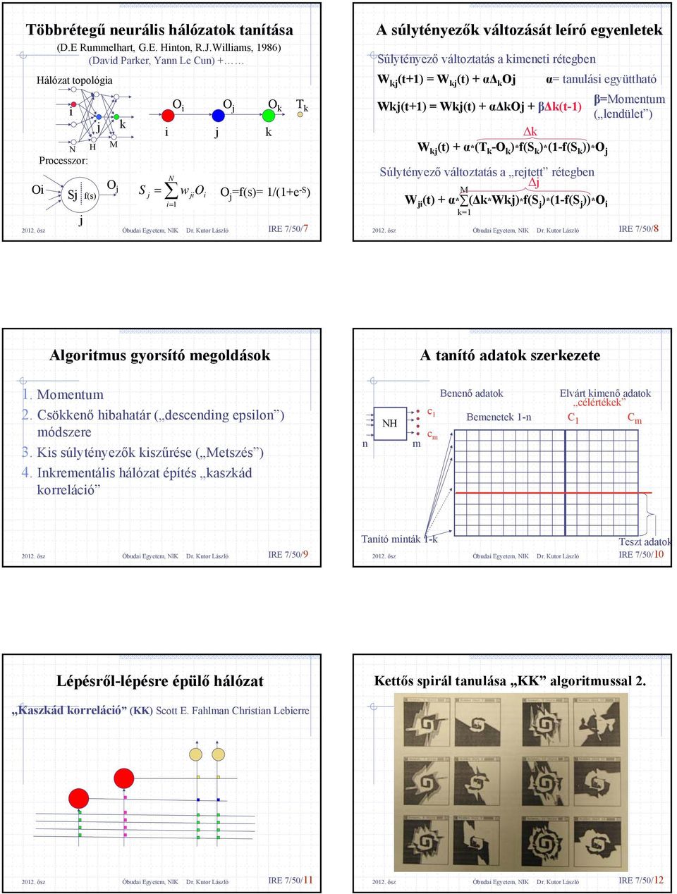 Kutor László IRE 7/50/7 N ji i A súlytényezők változását leíró egyenletek Súlytényező változttás kimeneti rétegben W kj (t+1) = W kj (t) + αδ k Oj α= tnulási együtthtó Wkj(t+1) = Wkj(t) + αδkoj +