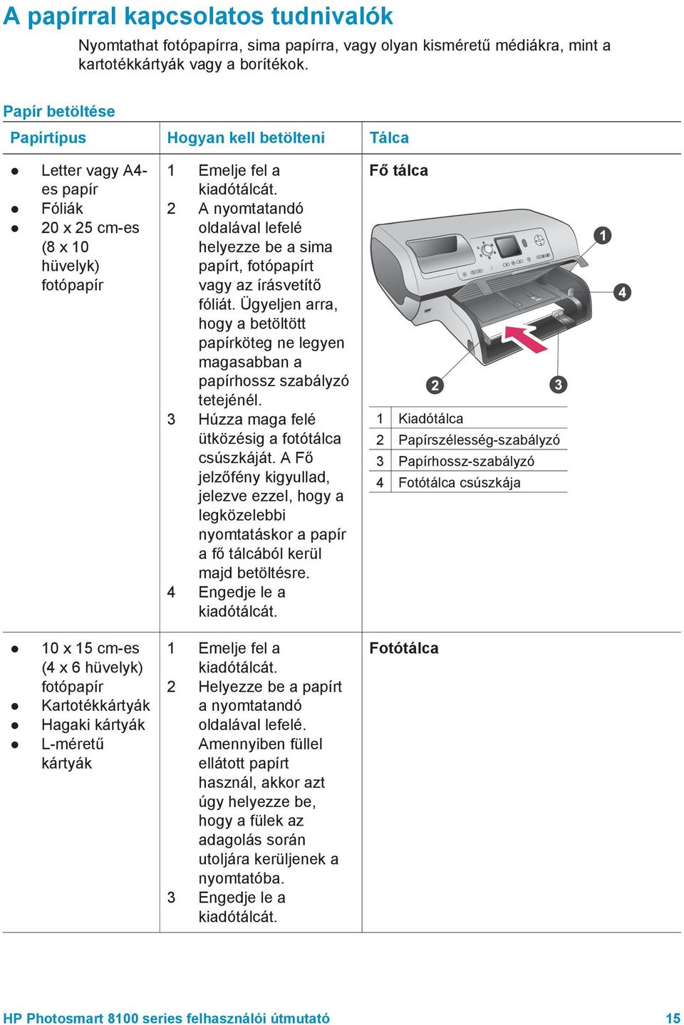 2 A nyomtatandó oldalával lefelé helyezze be a sima papírt, fotópapírt vagy az írásvetítő fóliát. Ügyeljen arra, hogy a betöltött papírköteg ne legyen magasabban a papírhossz szabályzó tetejénél.