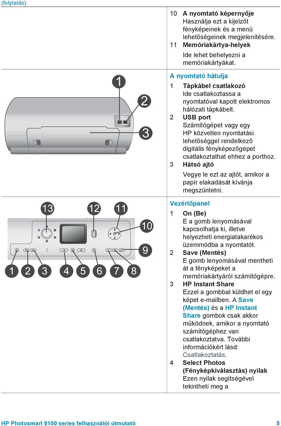 2 USB port Számítógépet vagy egy HP közvetlen nyomtatási lehetőséggel rendelkező digitális fényképezőgépet csatlakoztathat ehhez a porthoz.