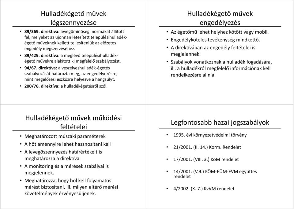 direktíva: a meglévő településihulladékégető művekre alakított ki megfelelő szabályozást. 94/67.