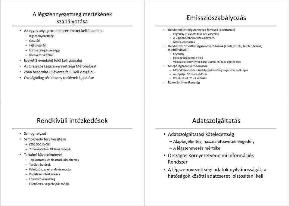 légszennyező források (pontforrás) Engedély (5 évente felül kell vizsgálni) A legjobb technikát kell alkalmazni Mérés, ellenőrzés Helyhez kötött diffúz légszennyező forrás (épületforrás, felületi