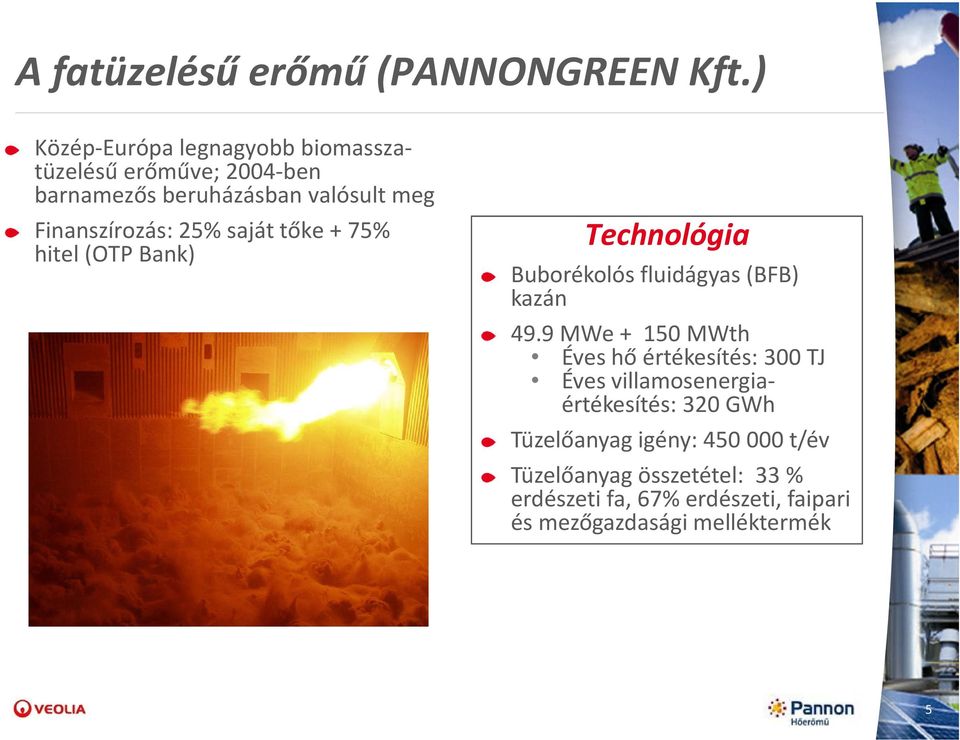 25% saját tőke + 75% hitel (OTP Bank) Technológia Buborékolós fluidágyas (BFB) kazán 49.