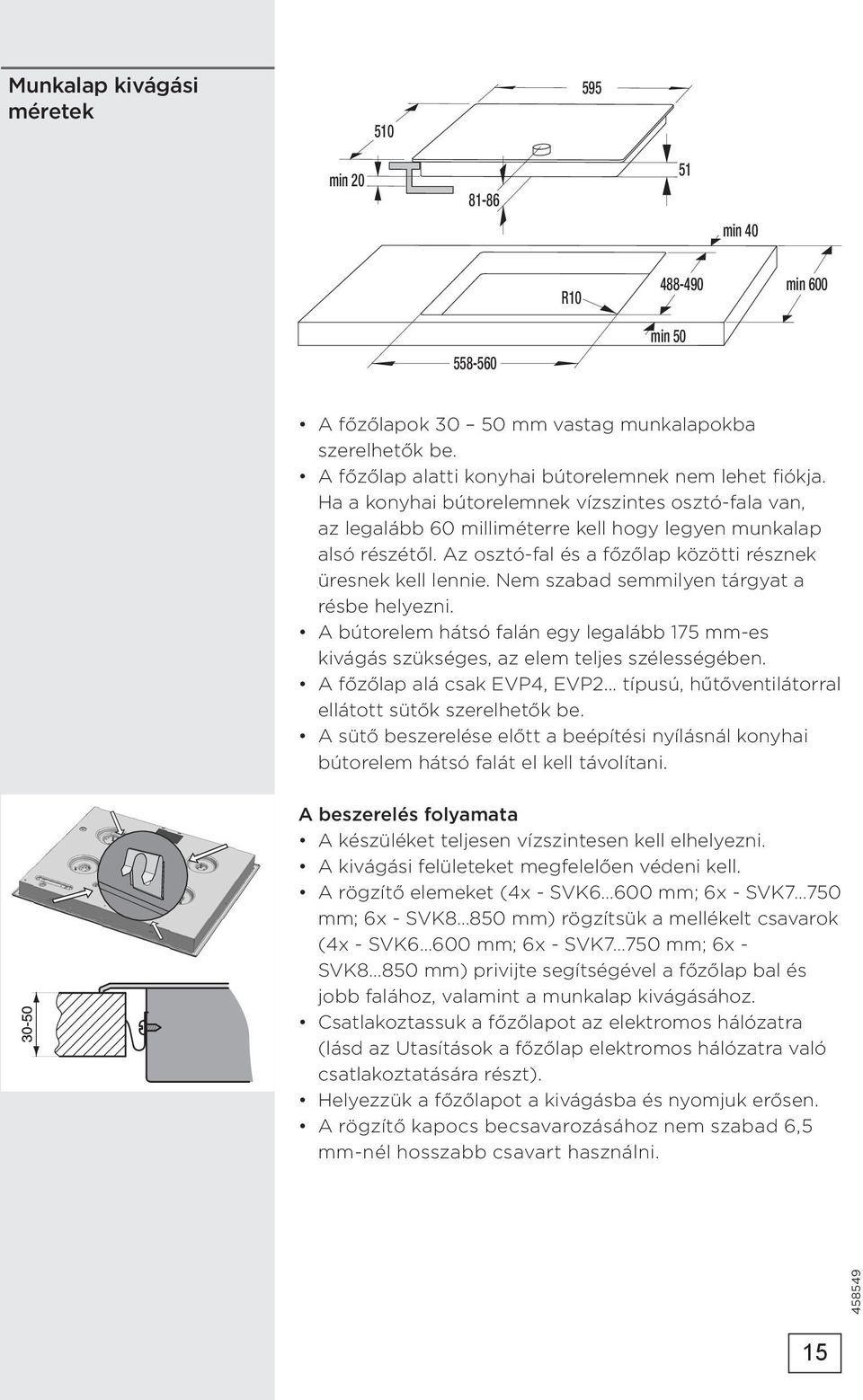 Az osztó-fal és a főzőlap közötti résznek üresnek kell lennie. Nem szabad semmilyen tárgyat a résbe helyezni.