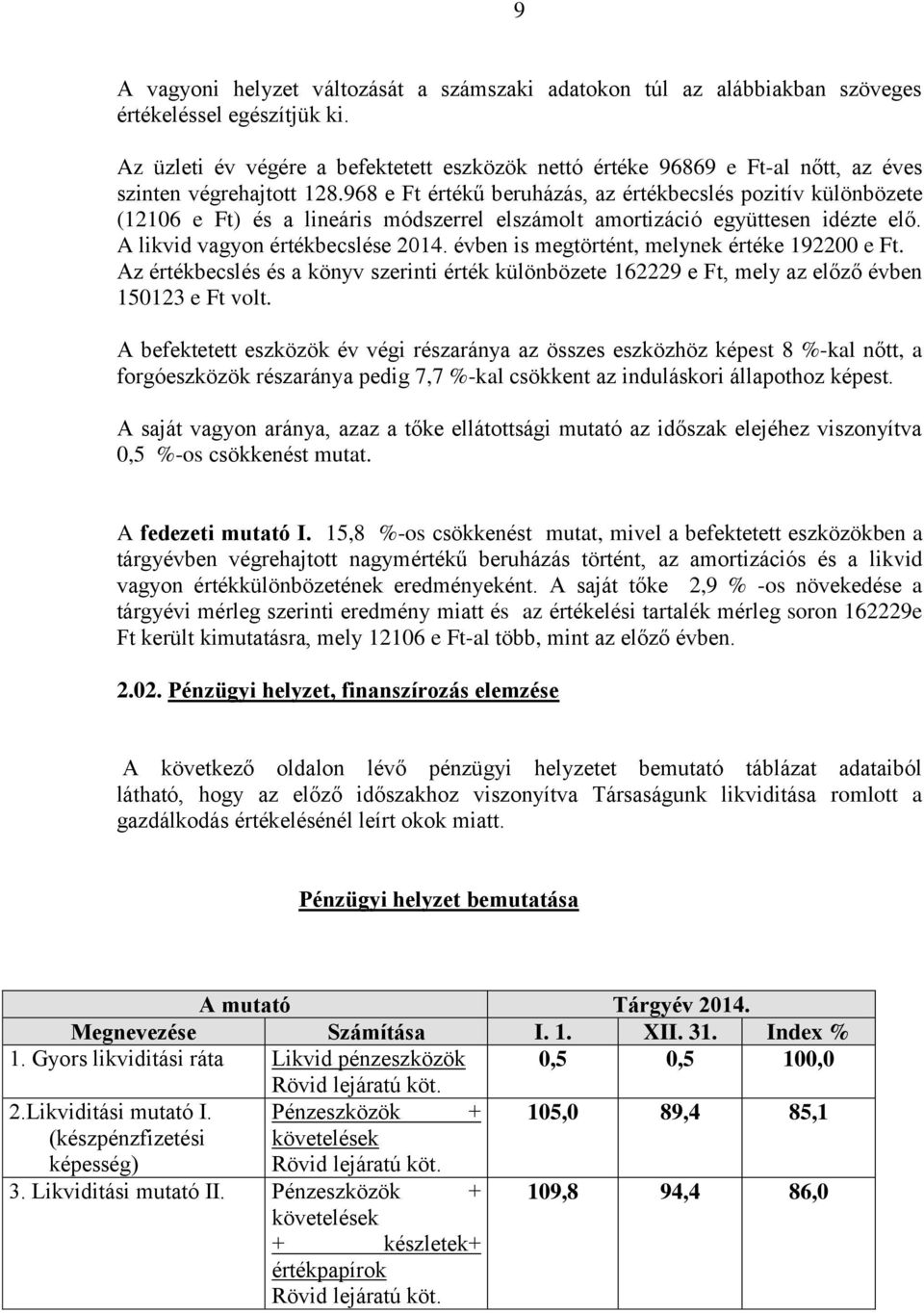 968 e Ft értékű beruházás, az értékbecslés pozitív különbözete (12106 e Ft) és a lineáris módszerrel elszámolt amortizáció együttesen idézte elő. A likvid vagyon értékbecslése 2014.