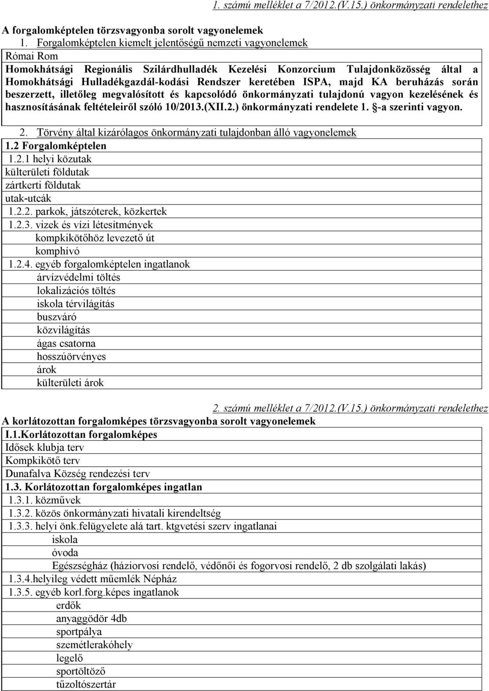 keretében ISPA, majd KA beruházás során beszerzett, illetőleg megvalósított és kapcsolódó önkormányzati tulajdonú vagyon kezelésének és hasznosításának feltételeiről szóló 10/20