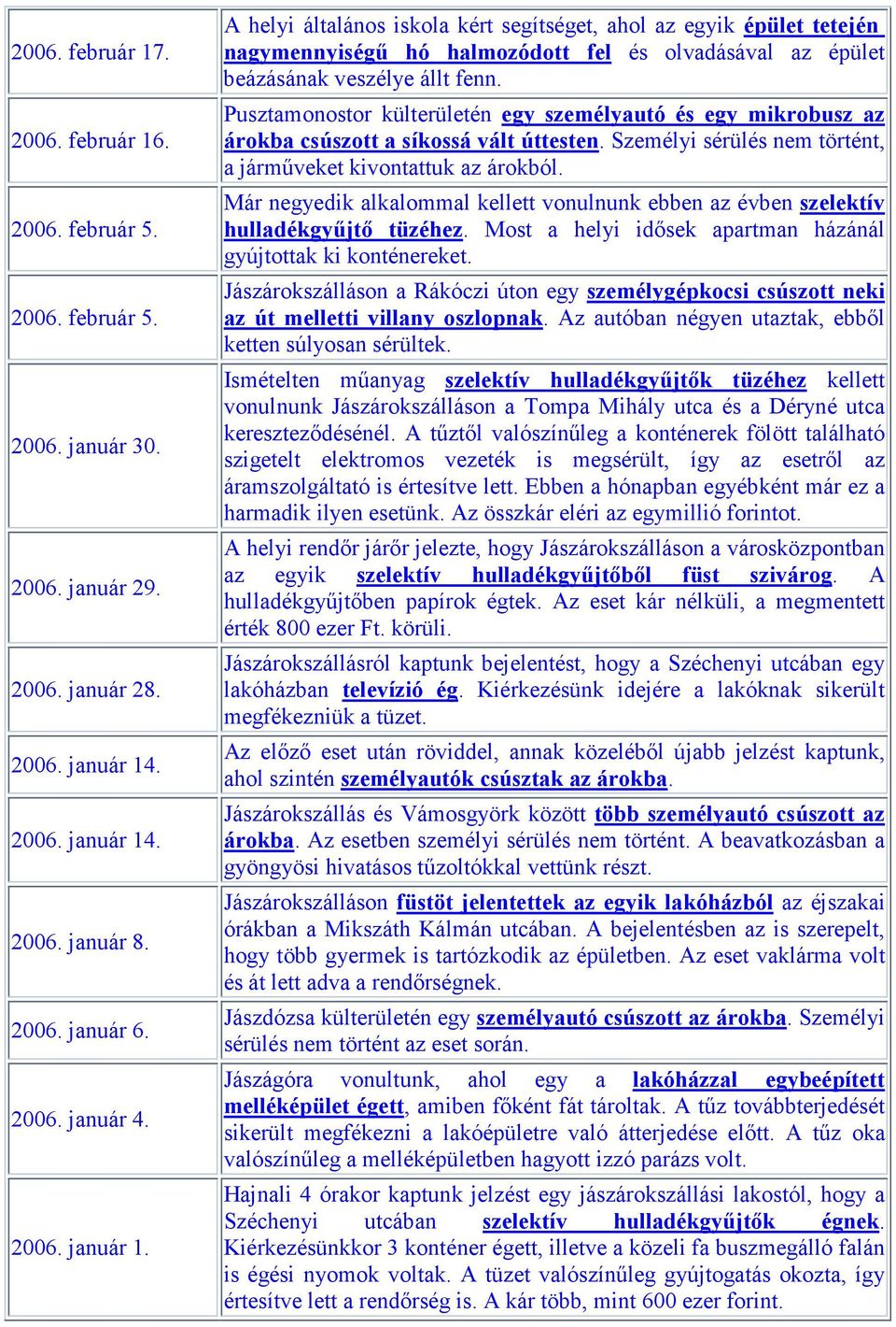 Pusztamonostor külterületén egy személyautó és egy mikrobusz az árokba csúszott a síkossá vált úttesten. Személyi sérülés nem történt, a járműveket kivontattuk az árokból.