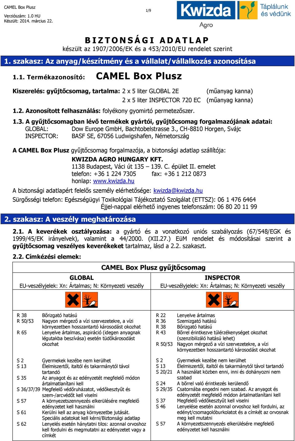 , CH-8810 Horgen, Svájc INSPECTOR: BASF SE, 67056 Ludwigshafen, Németország A CAMEL Box Plusz gyűjtőcsomag forgalmazója, a biztonsági adatlap szállítója: KWIZDA AGRO HUNGARY KFT.