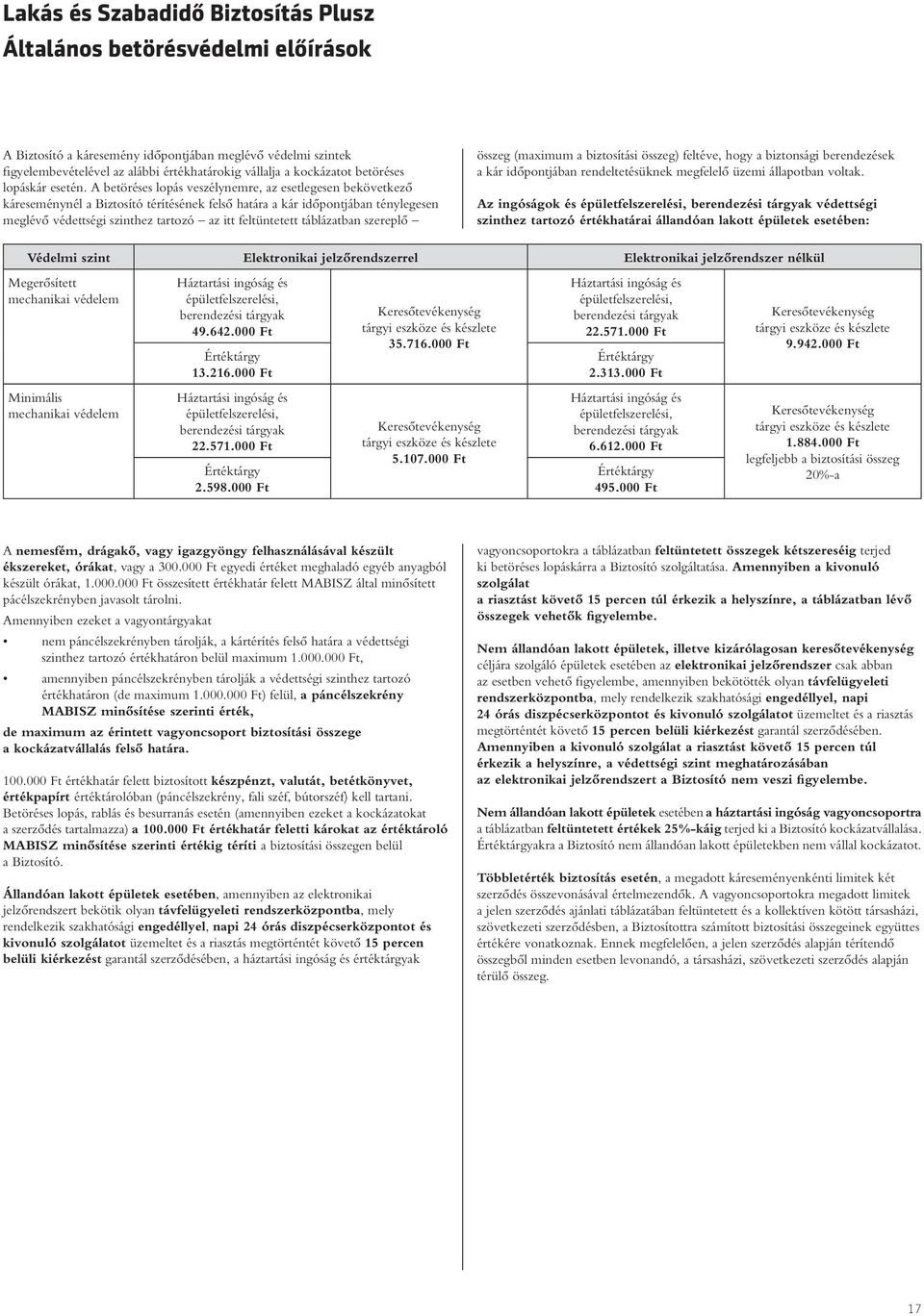 A betöréses lopás veszélynemre, az esetlegesen bekövetkezô káreseménynél a Biztosító térítésének felsô határa a kár idôpontjában ténylegesen meglévô védettségi szinthez tartozó az itt feltüntetett