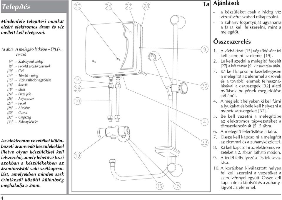 Fedél [28] - Alsórész [30] - Csavar [32] - Csapszeg [33] - Zuhanykészlet Az elektromos vezetéket különbözeti áramvédő készülékekkel illetve olyan készülékkel kell felszerelni, amely lehetővé teszi