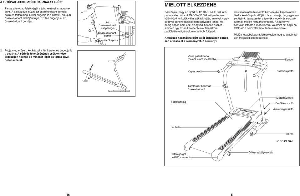 Az összekötőpánt csapszege Összekötőpántgomb Zárókapocs MIELOTT ELKEZDENE Köszönjük, hogy az új WESLO CADENCE S 6 futópadot választotta.