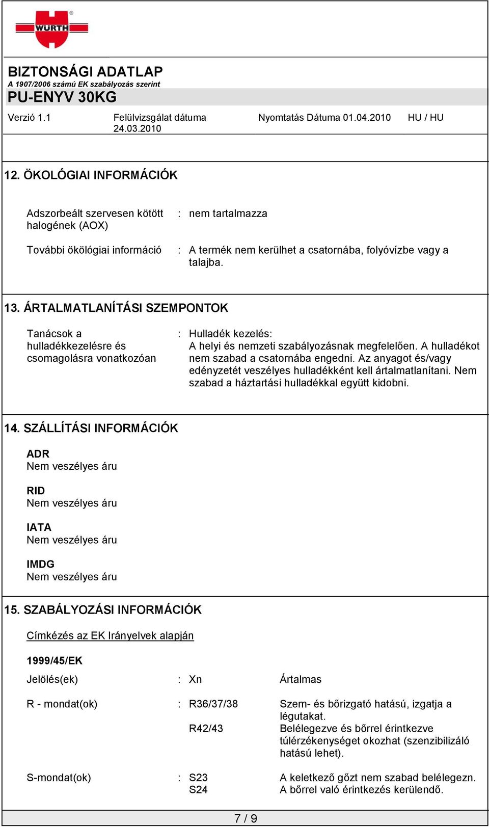 Az anyagot és/vagy edényzetét veszélyes hulladékként kell ártalmatlanítani. Nem szabad a háztartási hulladékkal együtt kidobni. 14.