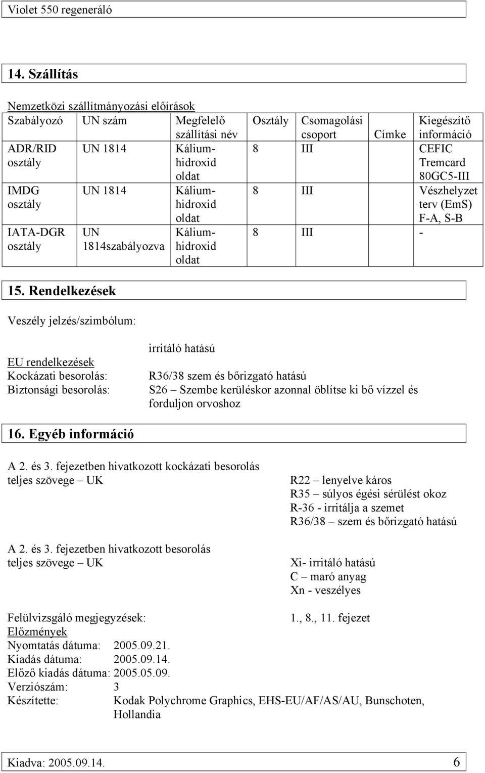 Rendelkezések Veszély jelzés/szimbólum: EU rendelkezések Kockázati besorolás: Biztonsági besorolás: irritáló hatású R36/38 szem és bőrizgató hatású S26 Szembe kerüléskor azonnal öblítse ki bő vízzel