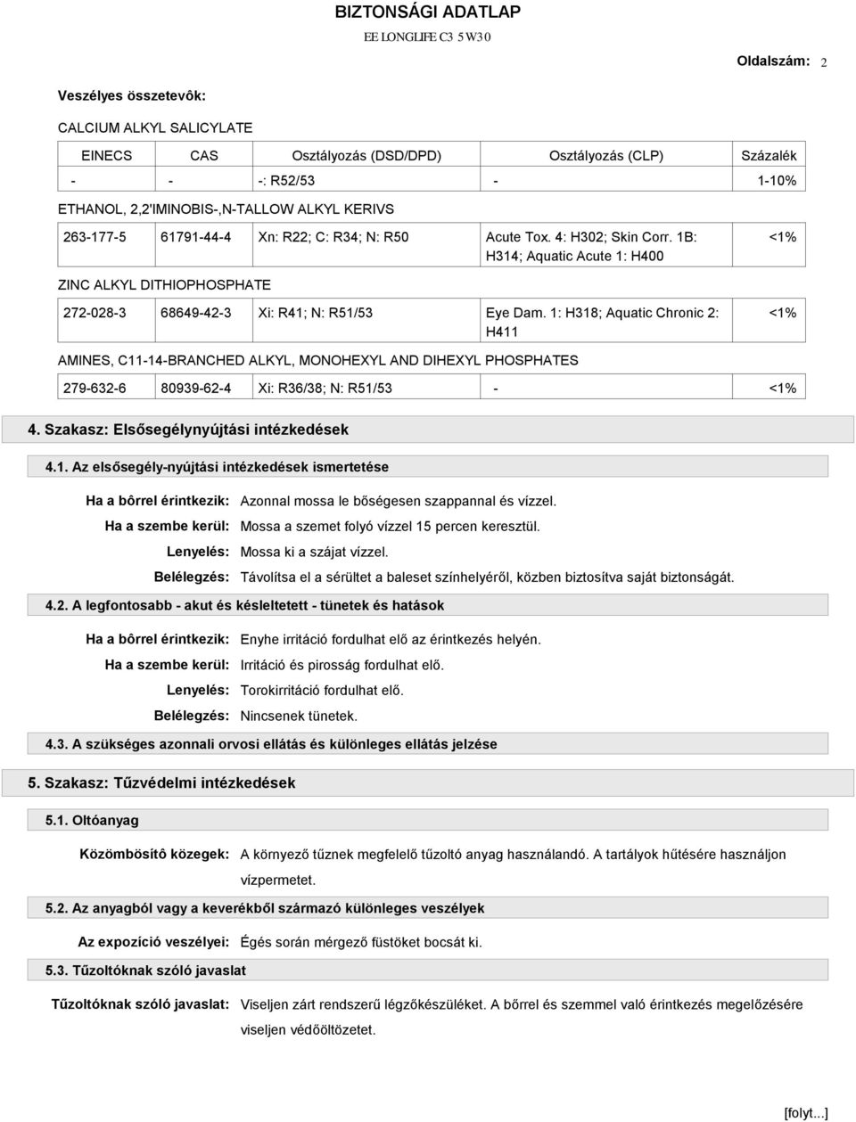 1: H318; Aquatic Chronic 2: H411 <1% AMINES, C11-14-BRANCHED ALKYL, MONOHEXYL AND DIHEXYL PHOSPHATES 279-632-6 80939-62-4 Xi: R36/38; N: R51/53 - <1% 4. Szakasz: Elsősegélynyújtási intézkedések 4.1. Az elsősegély-nyújtási intézkedések ismertetése Azonnal mossa le bőségesen szappannal és vízzel.