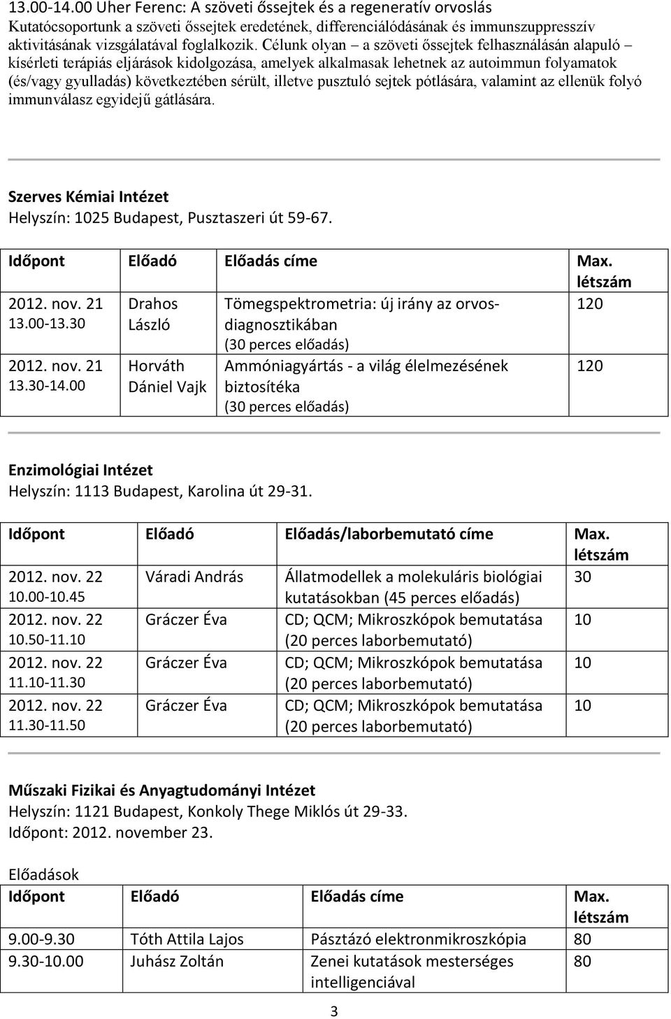 pusztuló sejtek pótlására, valamint az ellenük folyó immunválasz egyidejű gátlására. Szerves Kémiai Intézet Időpont Előadó Előadás címe Max. 2012. nov. 21 13.00-13.