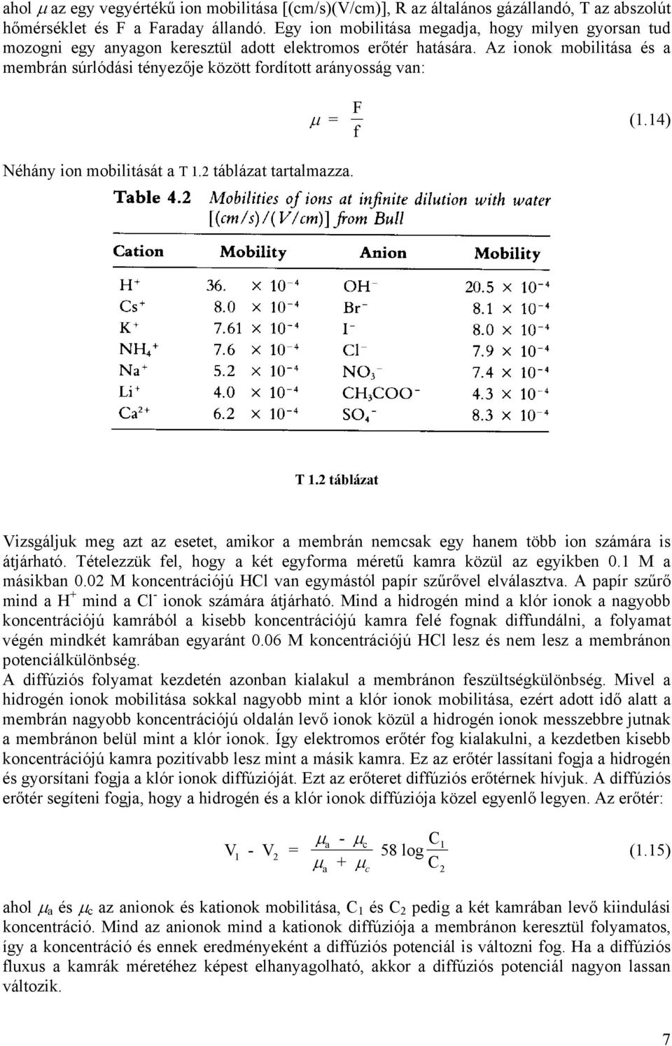 Az ionok mobilitása és a membrán súrlódási tényezője között fordított arányosság van: μ = F f (1.14) Néhány ion mobilitását a T 1.