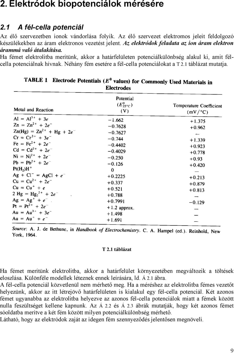 Ha fémet elektrolitba merítünk, akkor a határfelületen potenciálkülönbség alakul ki, amit félcella potenciálnak hívnak. Néhány fém esetére a fél-cella potenciálokat a T 2.