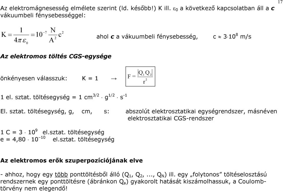 válasszuk: K F el. sztat. töltésegység cm 3/ g / s - El. sztat. töltésegység, g, cm, s: abszolút elektosztatikai egységendsze, másnéven elektosztatikai CGS-endsze C 3 9 el.