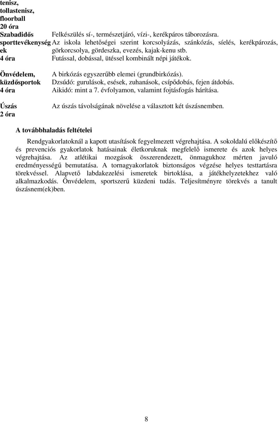 Önvédelem, küzdősportok 4 óra Úszás 2 óra A birkózás egyszerűbb elemei (grundbirkózás). Dzsúdó: gurulások, esések, zuhanások, csípődobás, fejen átdobás. Aikidó: mint a 7.