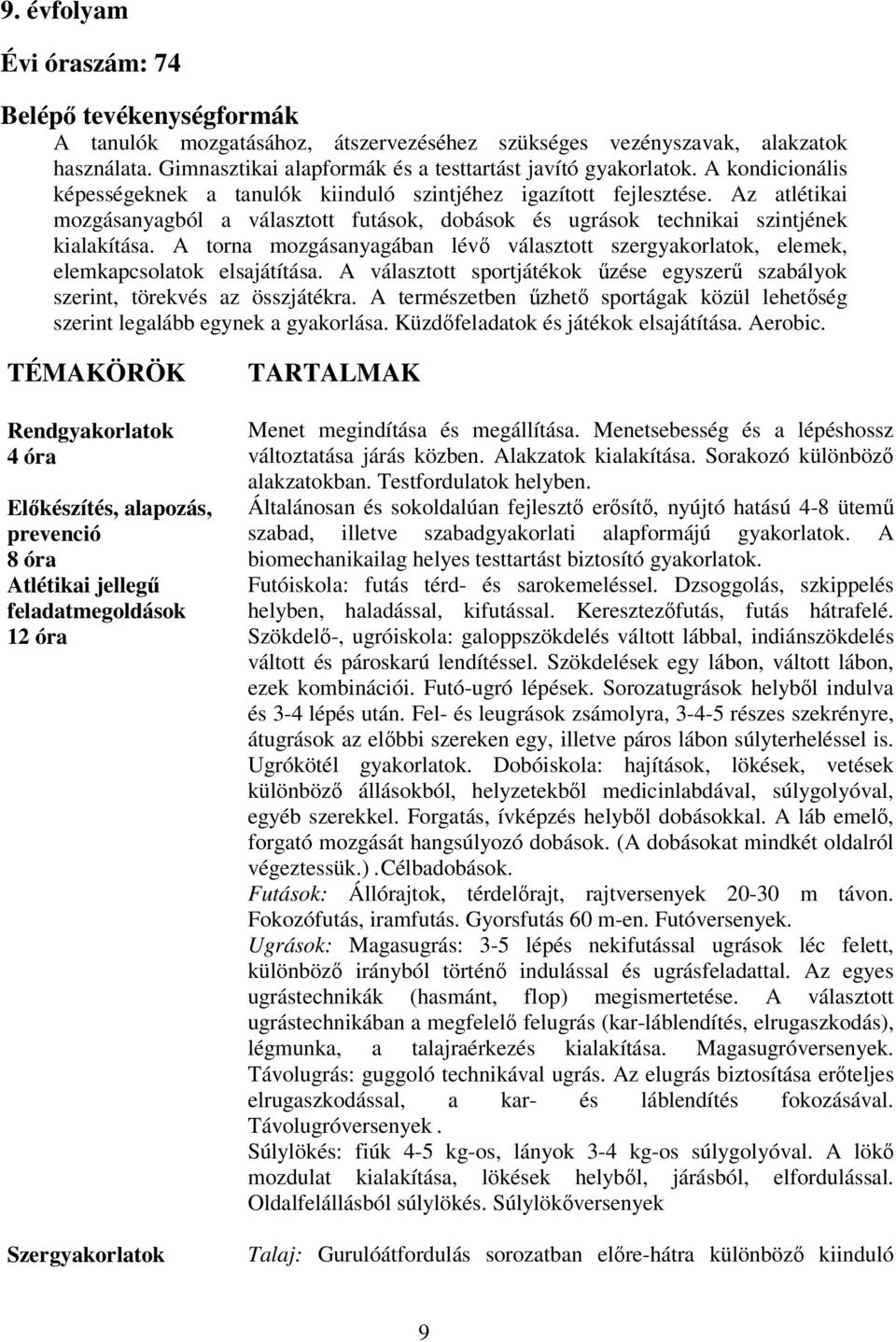 A torna mozgásanyagában lévő választott szergyakorlatok, elemek, elemkapcsolatok elsajátítása. A választott sportjátékok űzése egyszerű szabályok szerint, törekvés az összjátékra.