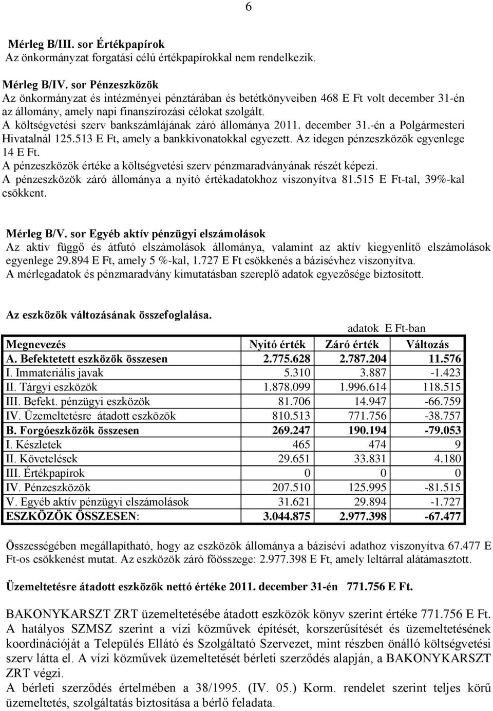 A költségvetési szerv bankszámlájának záró állománya 2011. december 31.-én a Polgármesteri Hivatalnál 125.513 E Ft, amely a bankkivonatokkal egyezett. Az idegen pénzeszközök egyenlege 14 E Ft.