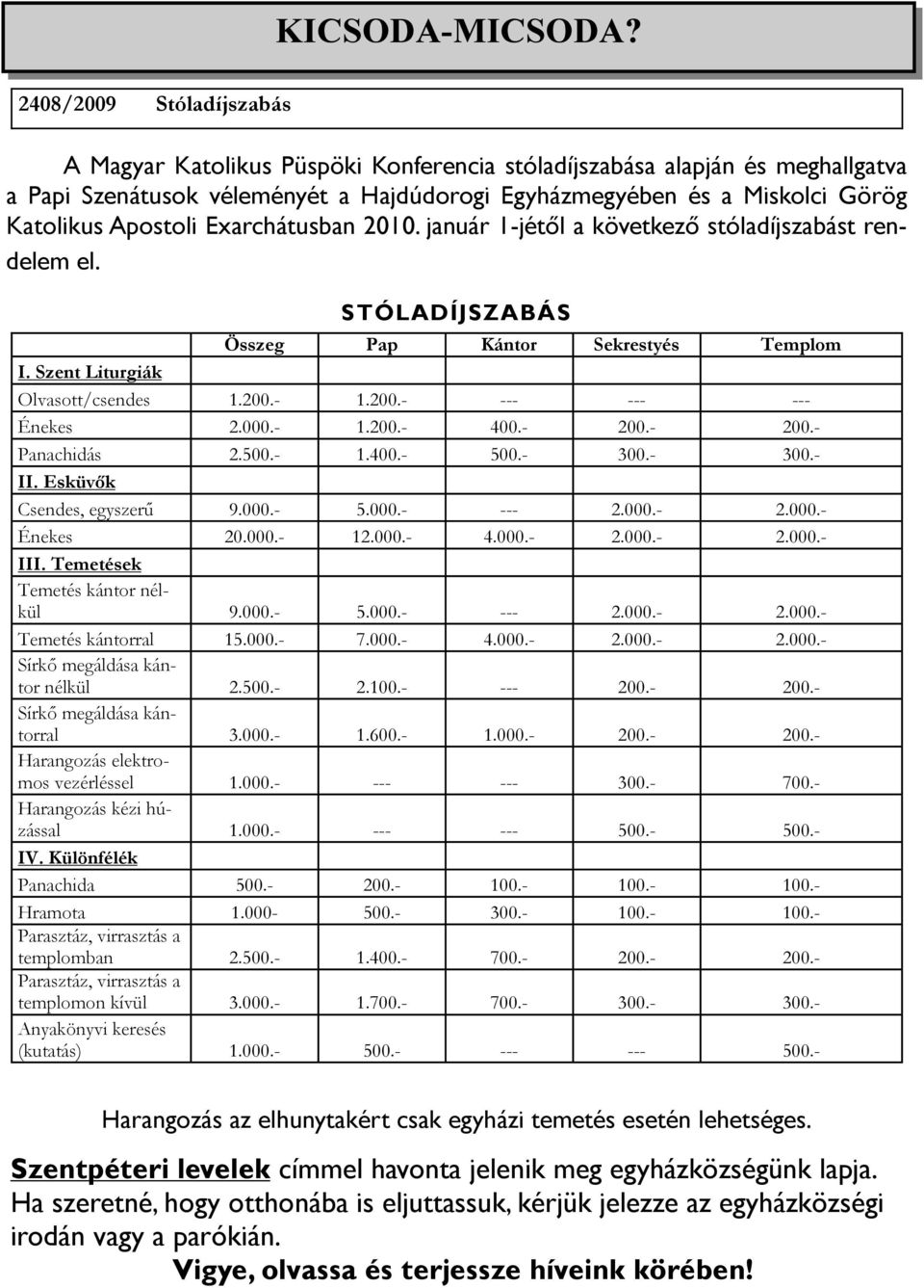 Apostoli Exarchátusban 2010. január 1-jétõl a következõ stóladíjszabást rendelem el. STÓLADÍJSZABÁS Összeg Pap Kántor Sekrestyés Templom I. Szent Liturgiák Olvasott/csendes 1.200.