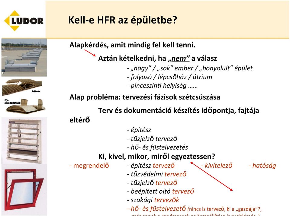 fázisok szétcsúszása Terv és dokumentáció készítés időpontja, fajtája eltérő építész tűzjelző tervező hő és füstelvezetés Ki, kivel, mikor, miről