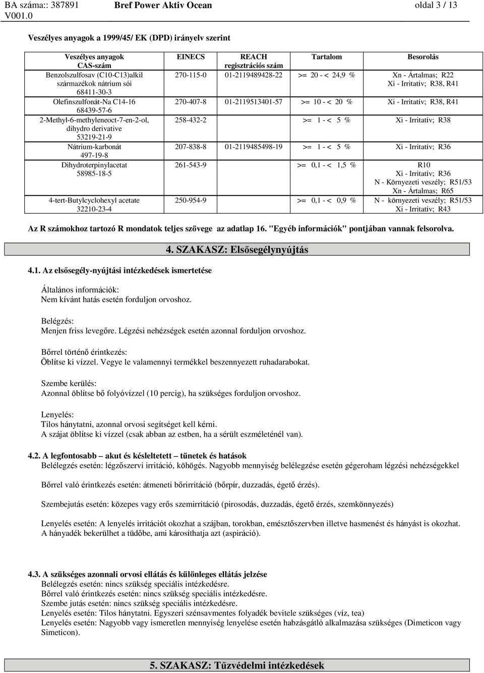 258-432-2 >= 1 - < 5 % Xi - Irritatív; R38 207-838-8 01-2119485498-19 >= 1 - < 5 % Xi - Irritatív; R36 261-543-9 >= 0,1 - < 1,5 % R10 Xi - Irritatív; R36 N - Környezeti veszély; R51/53 Xn - Ártalmas;