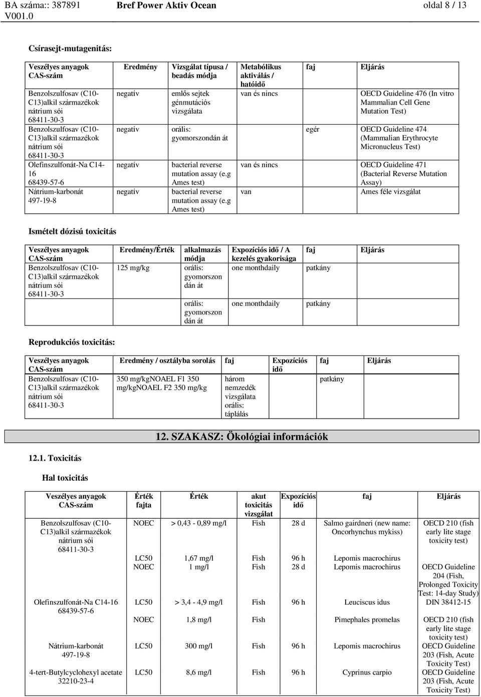 g Ames test) Metabólikus aktiválás / hatóidő van és nincs OECD Guideline 476 (In vitro Mammalian Cell Gene Mutation egér OECD Guideline 474 (Mammalian Erythrocyte Micronucleus van és nincs OECD