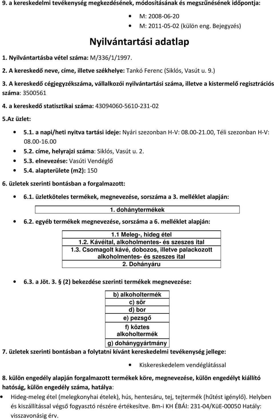 2. 5.3. elnevezése: Vasúti Vendéglő 5.4. alapterülete (m2): 150 1. dohánytermékek 1.1 Meleg-, hideg étel 1.2. Kávéital, alkoholmentes- és szeszes ital 1.3. Csomagolt kávé, dobozos, illetve palackozott alkoholmentes- és szeszes ital 2.