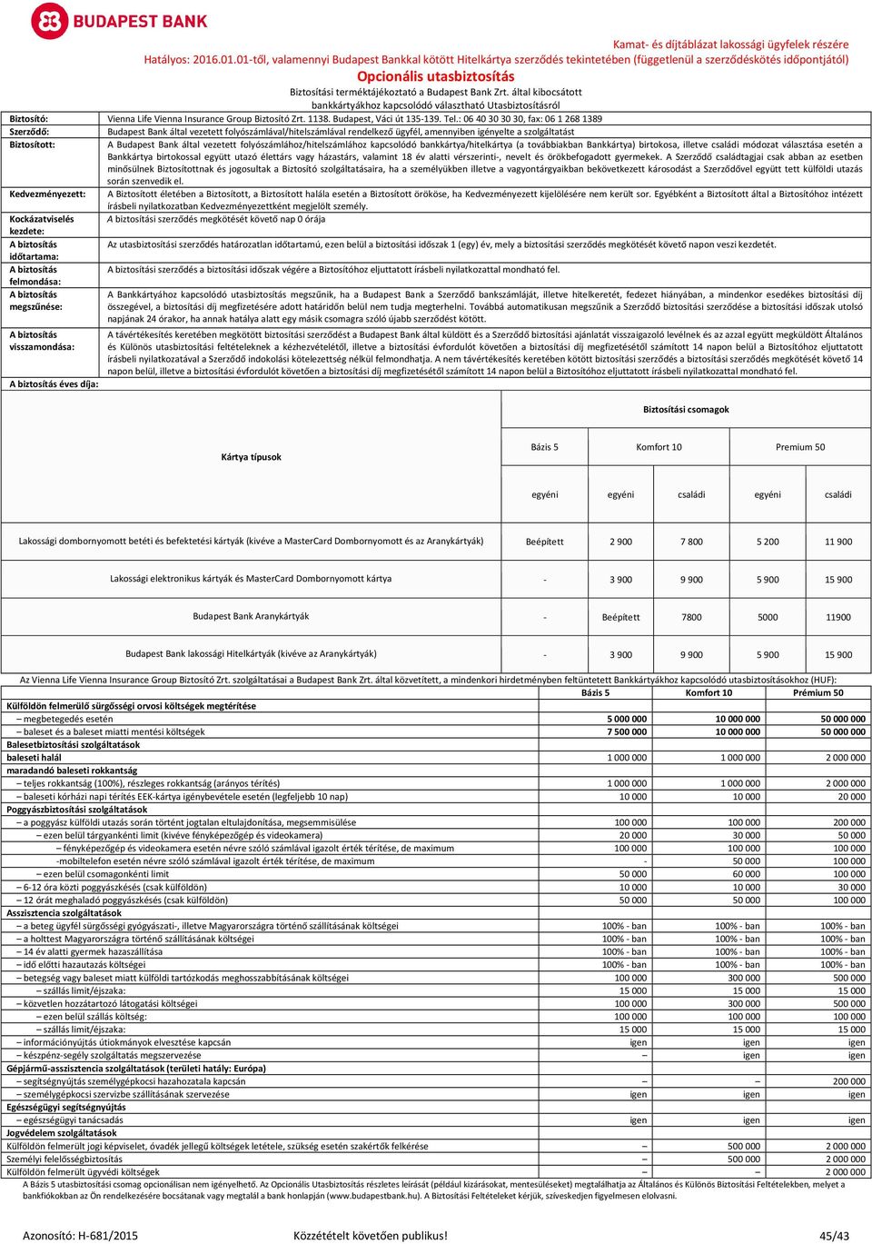 : 06 403030 30, fax: 0612681389 Szerződő: Budapest Bank által vezetett folyószámlával/hitelszámlával rendelkező ügyfél, amennyiben igényelte a szolgáltatást Biztosított: A Budapest Bank által