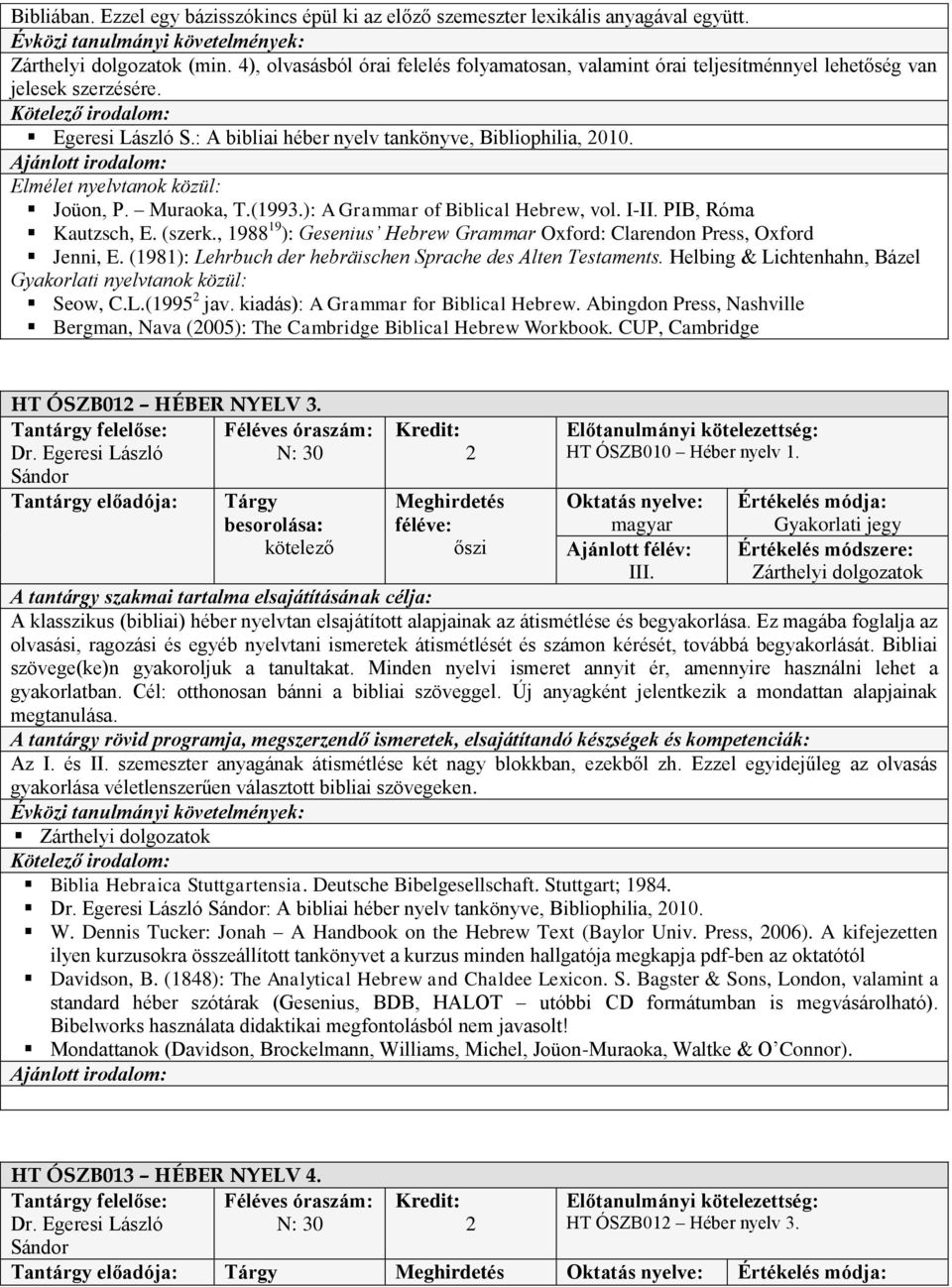 Elmélet nyelvtanok közül: Joüon, P. Muraoka, T.(1993.): A Grammar of Biblical Hebrew, vol. I-II. PIB, Róma Kautzsch, E. (szerk.