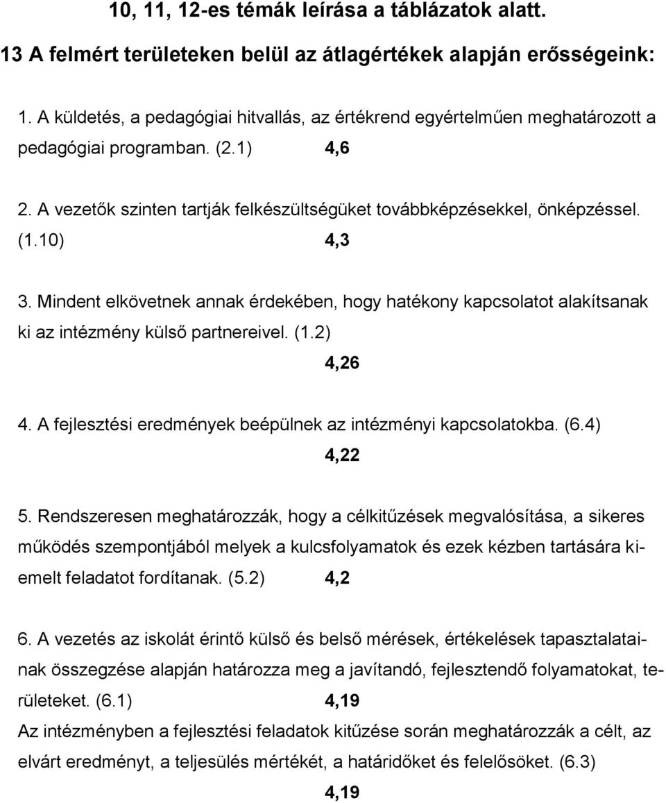 10) 4,3 3. Mindent elkövetnek annak érdekében, hogy hatékony kapcsolatot alakítsanak ki az intézmény külső partnereivel. (1.2) 4,26 4. A fejlesztési eredmények beépülnek az intézményi kapcsolatokba.