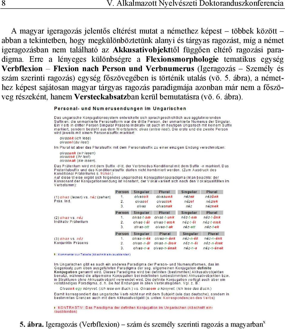 Erre a lényeges különbségre a Flexionsmorphologie tematikus egység Verbflexion Flexion nach Person und Verbnumerus (Igeragozás Személy és szám szerinti ragozás) egység főszövegében is