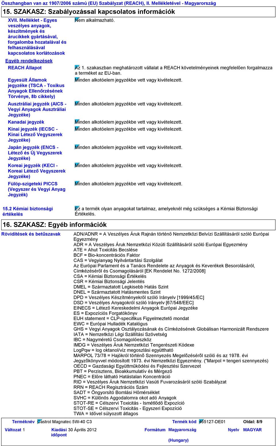 jegyzéke (TSCA Toxikus Anyagok Ellenőrzésének Törvénye, 8b cikkely) Ausztráliai jegyzék (AICS Vegyi Anyagok Ausztráliai Jegyzéke) Kanadai jegyzék Kínai jegyzék (IECSC Kínai Létező Vegyszerek