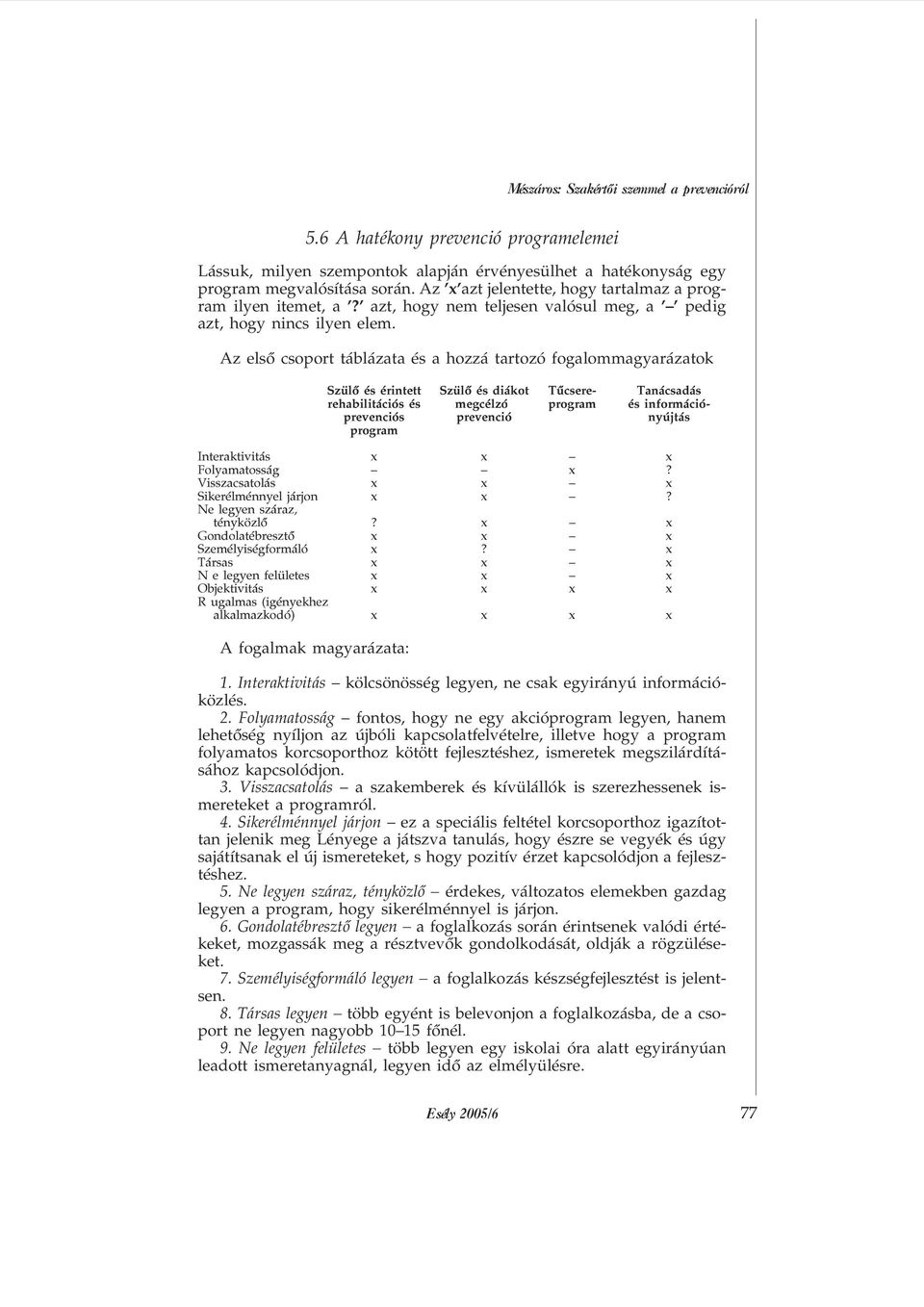 Az elsõ csoport táblázata és a hozzá tartozó fogalommagyarázatok Szülõ és érintett Szülõ és diákot Tûcsere- Tanácsadás rehabilitációs és megcélzó program és információprevenciós prevenció nyújtás