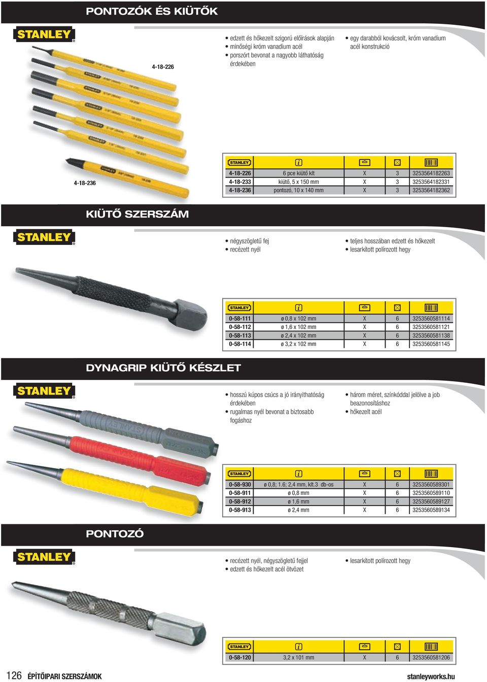 nyél teljes hosszában edzett és hőkezelt lesarkított polírozott hegy 0-58-111 ø 0,8 x 102 mm X 6 3253560581114 0-58-112 ø 1,6 x 102 mm X 6 3253560581121 0-58-113 ø 2,4 x 102 mm X 6 3253560581138