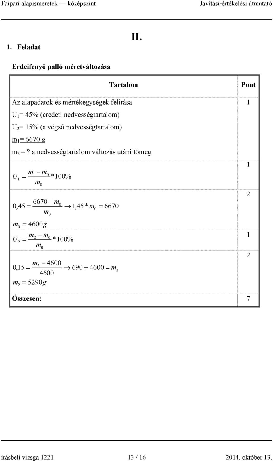 nedvességtartalom) U 2 = 15% (a végső nedvességtartalom) m 1 = 6670 g m 2 =?