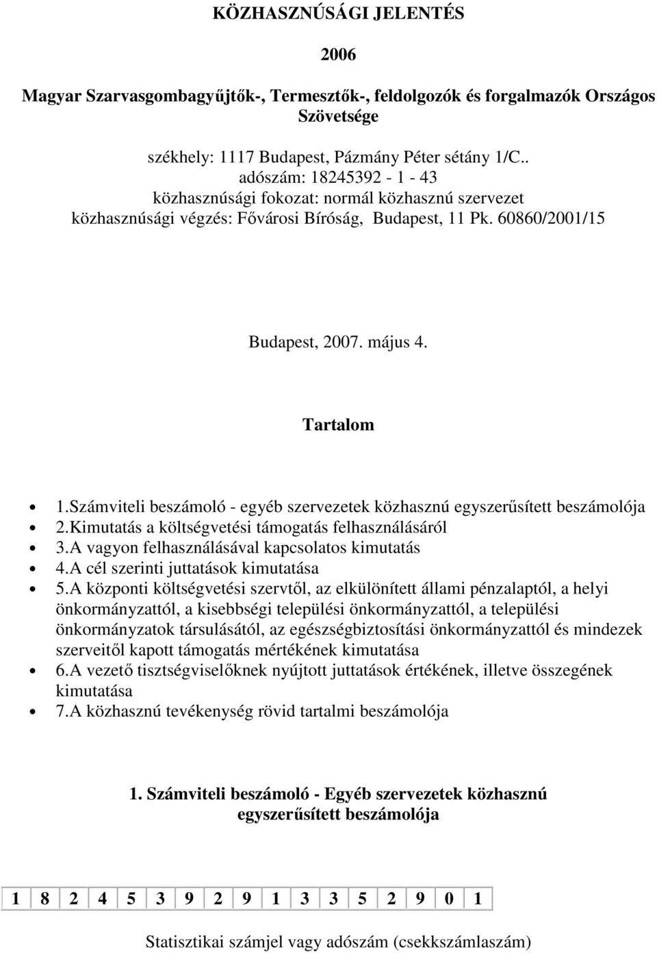 Számviteli beszámoló - egyéb szervezetek közhasznú egyszerűsített beszámolója 2.Kimutatás a költségvetési támogatás felhasználásáról 3.A vagyon felhasználásával kapcsolatos kimutatás 4.