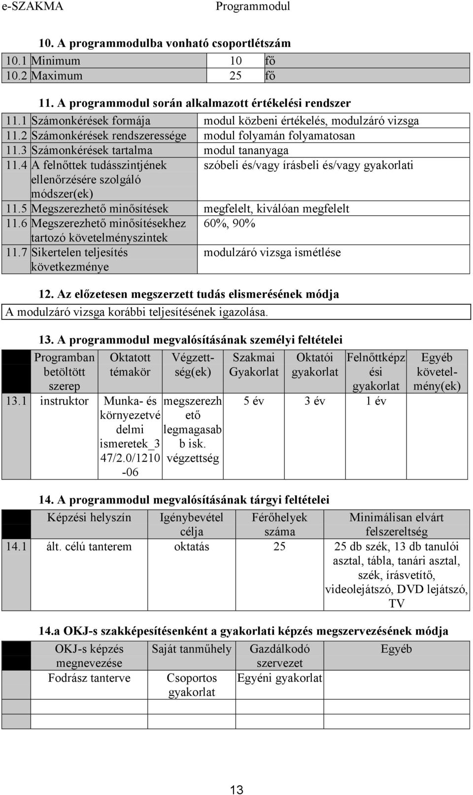 4 A felnőttek tudásszintjének szóbeli és/vagy írásbeli és/vagy i ellenőrzésére szolgáló módszer(ek) 11.5 Megszerezhető minősítések megfelelt, kiválóan megfelelt 11.