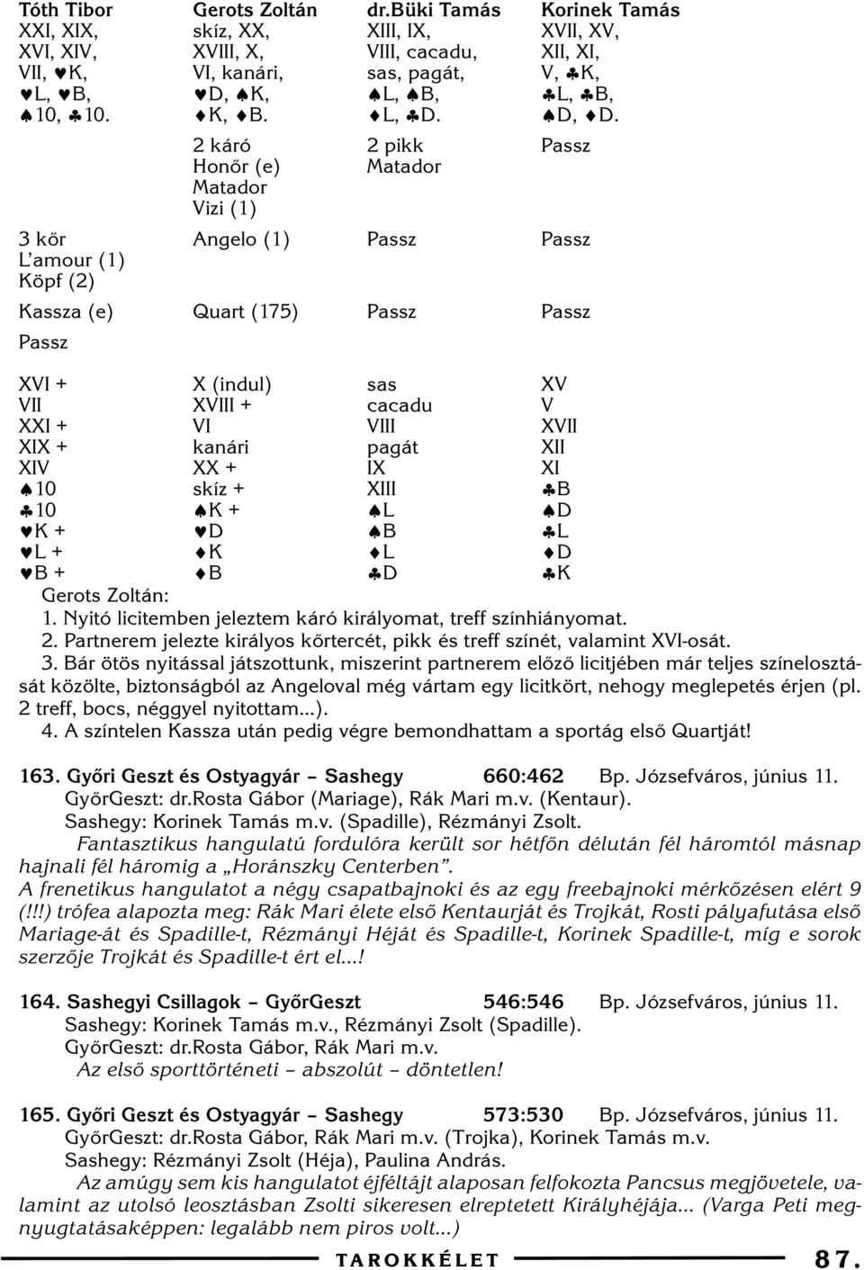2 káró 2 pikk Passz Honõr (e) Matador Matador Vizi 3 kõr Angelo Passz Passz L amour Köpf Kassza (e) Quart (75) Passz Passz Passz XVI + X (indul) sas XV VII XVIII + cacadu V XXI + VI VIII XVII XIX +
