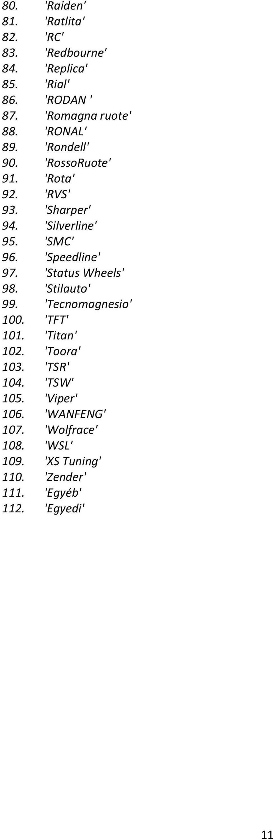 'Speedline' 97. 'Status Wheels' 98. 'Stilauto' 99. 'Tecnomagnesio' 100. 'TFT' 101. 'Titan' 102. 'Toora' 103.