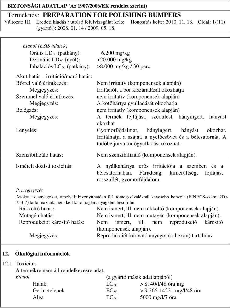 000 mg/kg / 30 perc Nem irritatív (komponensek alapján) Irritációt, a bır kiszáradását okozhatja nem irritatív (komponensek alapján) A kötıhártya gyulladását okozhatja.