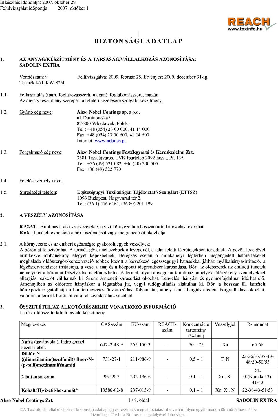 3581 Tiszaújváros, TVK Ipartelep 2092 hrsz.., Pf. 135. Tel.: +36 (49) 521 082, +36 (40) 200 505 Fax: +36 (49) 522 770 1.4. Felelős személy neve: 1.5. Sürgősségi telefon: Egészségügyi Toxikológiai Tájékoztató Szolgálat (ETTSZ) 1096 Budapest, Nagyvárad tér 2.