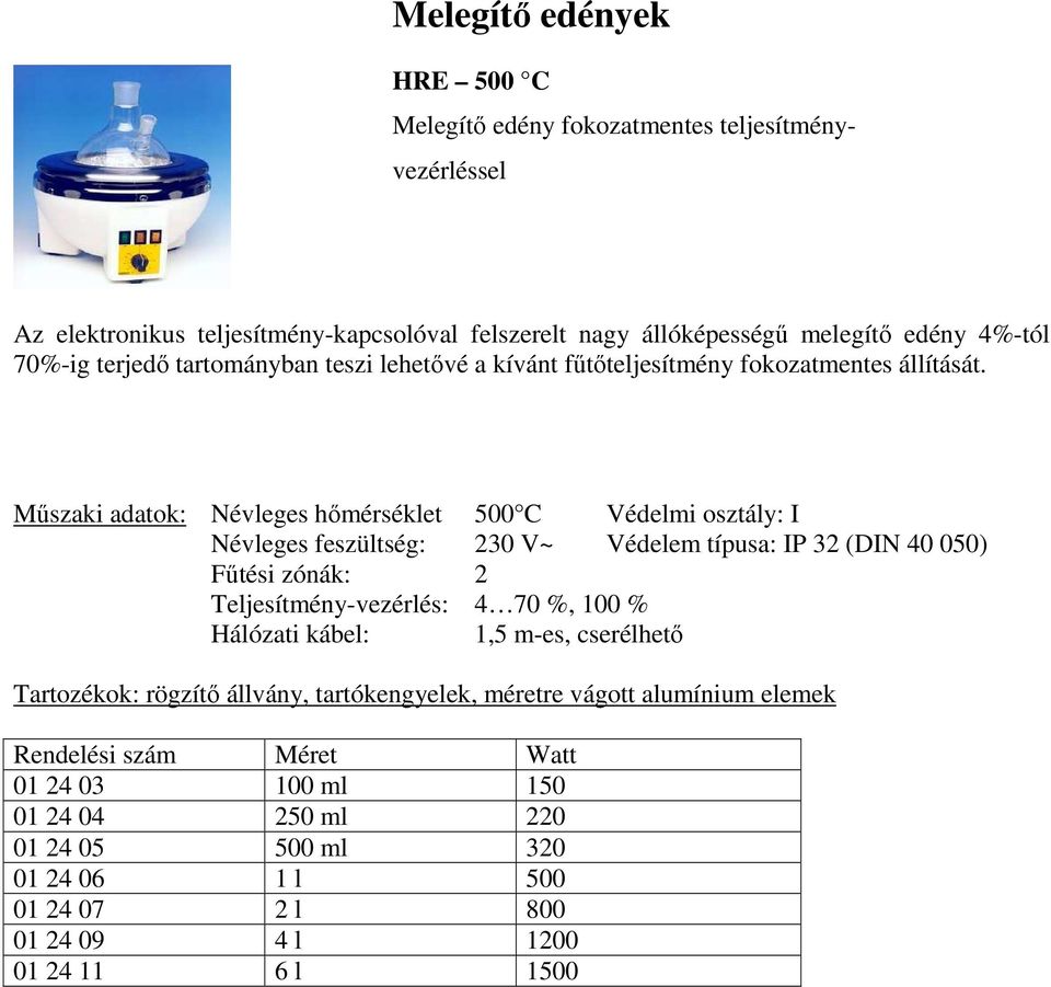 Mőszaki adatok: Névleges hımérséklet 500 C Védelmi osztály: I Névleges feszültség: 230 V~ Védelem típusa: IP 32 (DIN 40 050) Főtési zónák: 2 Teljesítmény-vezérlés: 4