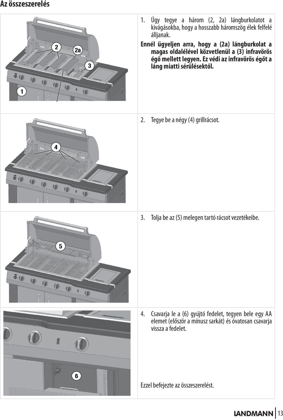 Ez védi az infravörös égőt a láng miatti sérülésektől. 1 2. Tegye be a négy (4) grillrácsot. 4 3.