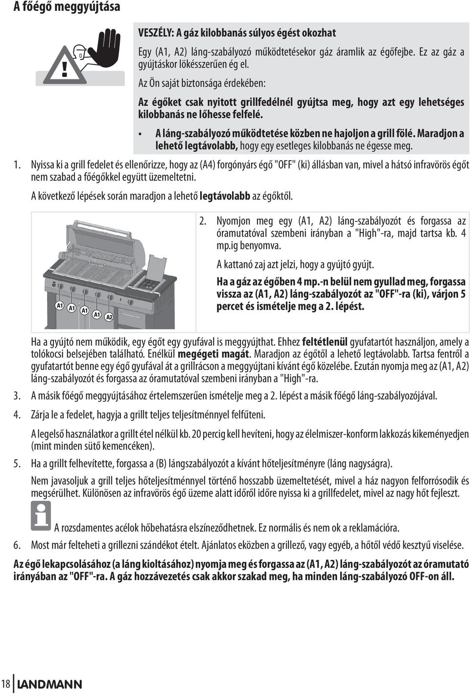 A láng-szabályozó működtetése közben ne hajoljon a grill fölé. Maradjon a lehető legtávolabb, hogy egy esetleges kilobbanás ne égesse meg. 1.