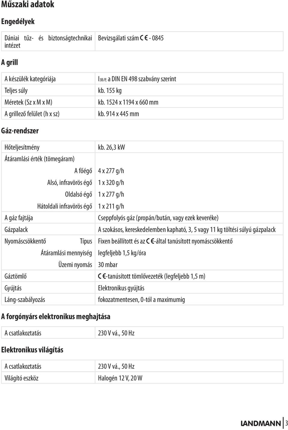 26,3 kw Átáramlási érték (tömegáram) A főégő Alsó, infravörös égő Oldalsó égő Hátoldali infravörös égő 4 x 277 g/h 1 x 320 g/h 1 x 277 g/h 1 x 211 g/h A gáz fajtája Cseppfolyós gáz (propán/bután,